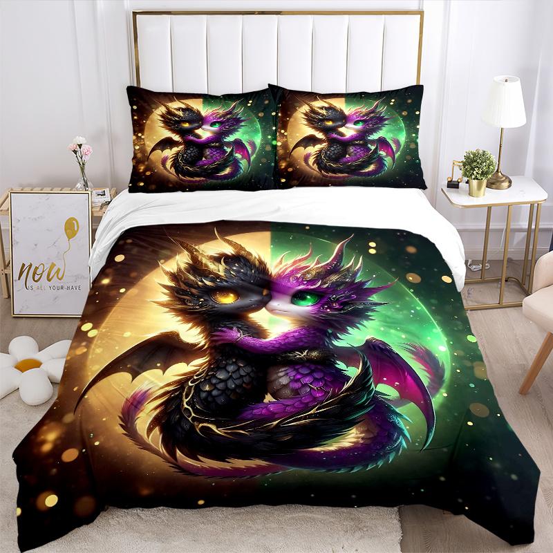 3pcs Two Dragons in Love Printed Bedding Set, Soft and Comfortable Quilt Cover for Bedroom, Guest Room (1 Duvet Cover + 2 Pillowcases, Pillo