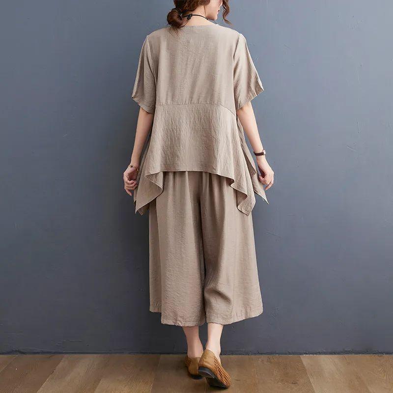 Plus Size Summer Outfit Two Piece Set Slimming Faion Casual Wide Leg Pants Ort Sve Cover Up Top Cotton Blend