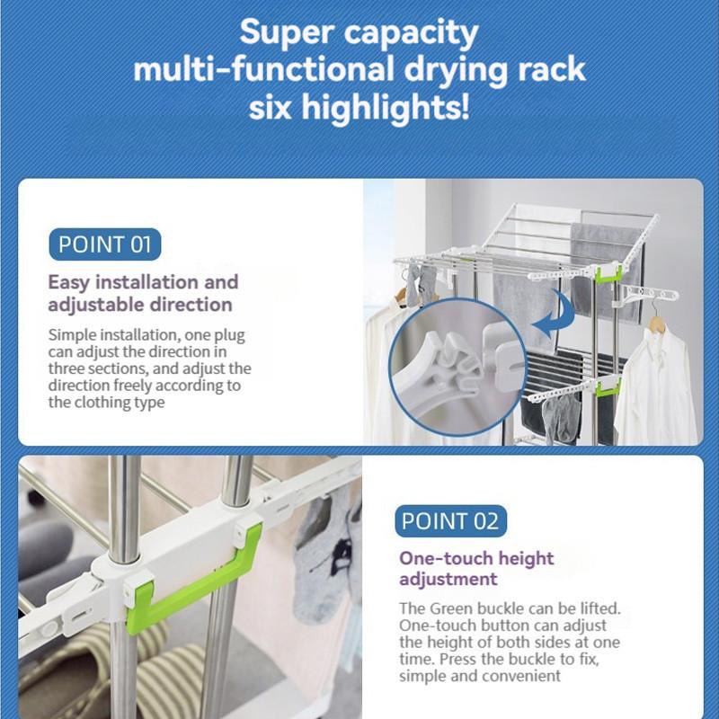 Portant à vêtements à trois niveaux en acier inoxydable Séchoir de rangement portable de type aile Séchoir à linge pliable sur pied