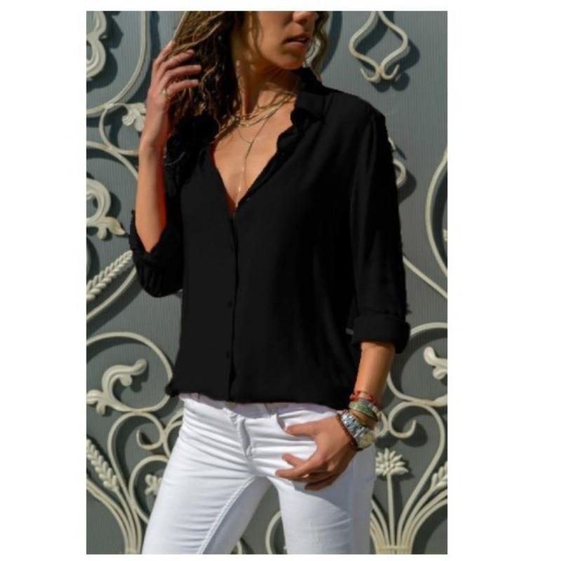 Damska modna nowa koszula z długim rękawem i głębokim dekoltem w serek, szyfonowa