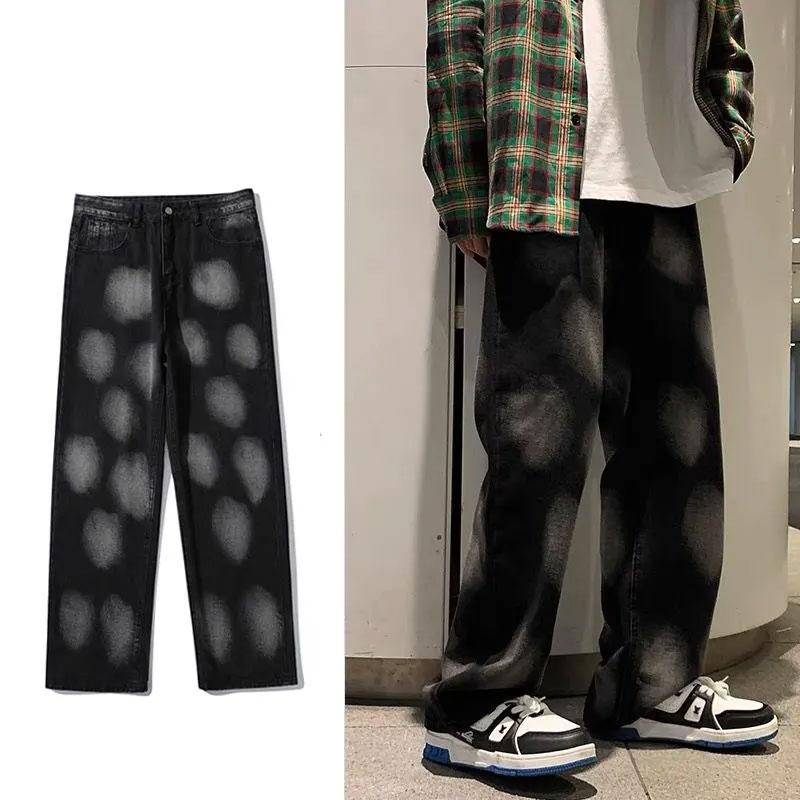 Spring Autumn Tie Dye Wide Leg Jeans Young Style Loose Denim Pants Men's Clothing High Street Straight Fashionable Trousers New