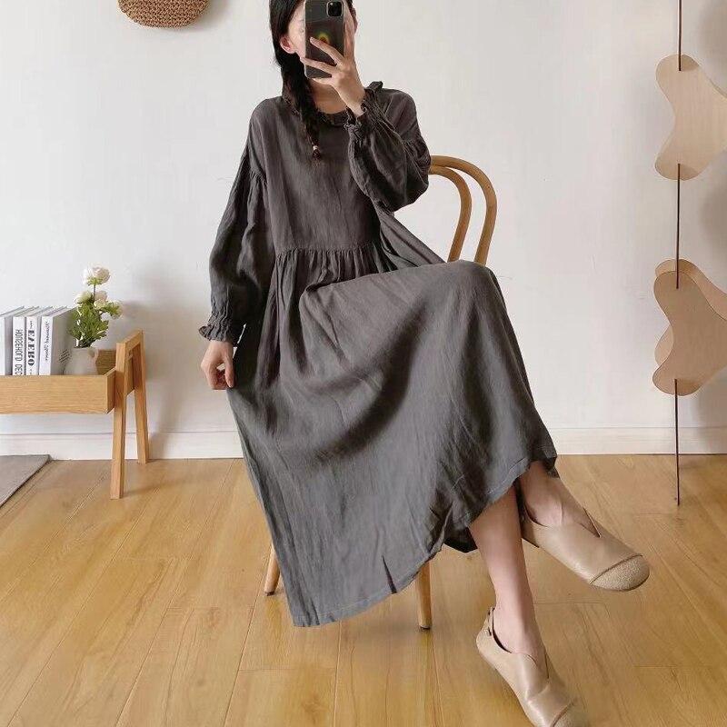 Johnature Frühling Japanischen Leinen Rüschen Kragen Kleid Frauen Vintage Einfarbig Lose Volle Hülse Aushöhlen Kleider