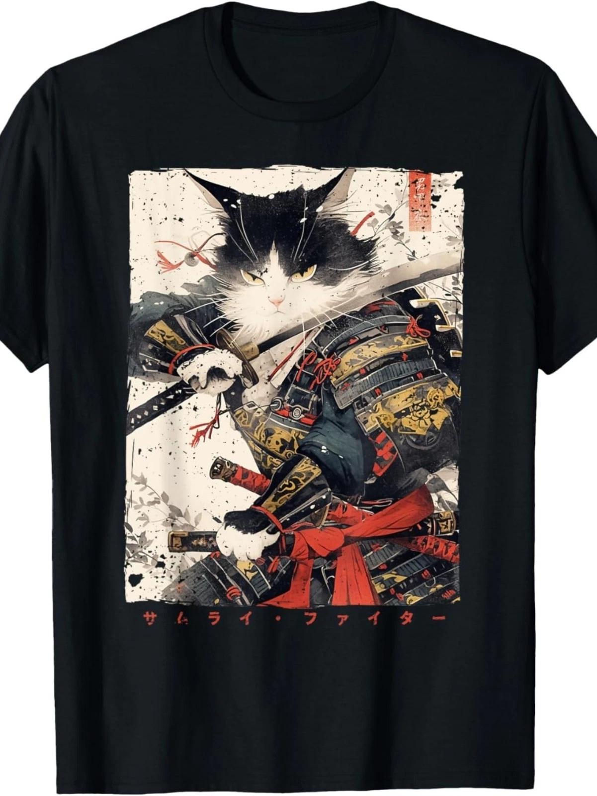 Samurai Cat Warrior T-Shirt Ukiyo Ink Japanese Art Graphic Streetwear Tee S