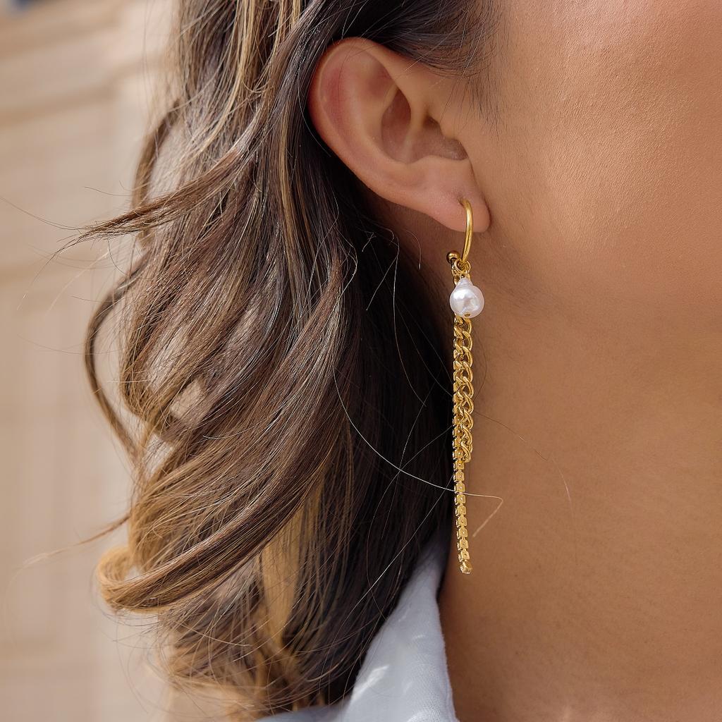  Imitation Pearl Cuban Chain Pendant Tassel Earrings Stainless Steel 18k Pvd Plated Texture Attractive Jewelry Waterproof