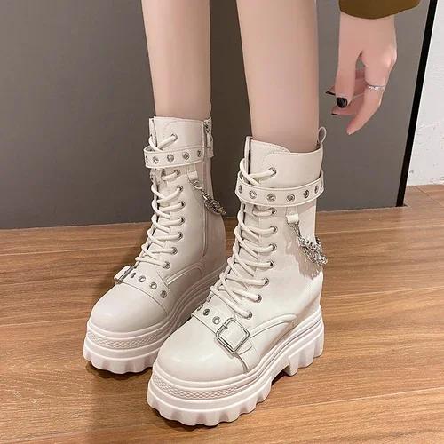 Fashion Women's Mid-calf Boots Autumn 2024 Fashion PU Leather Chain Platform Black Booties Punk British Style Casual Shoes for Ladies