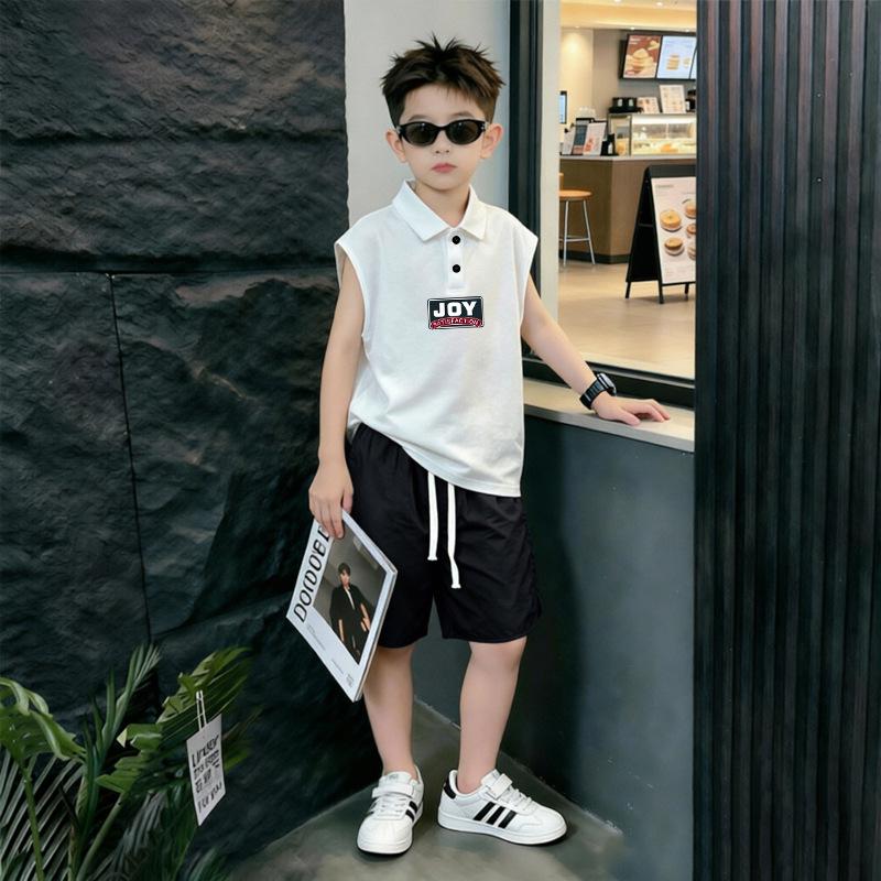Boys' Trendy Cotton Polo Vest Set - Lapel Sleeveless Summer Top for Middle and Older Kids