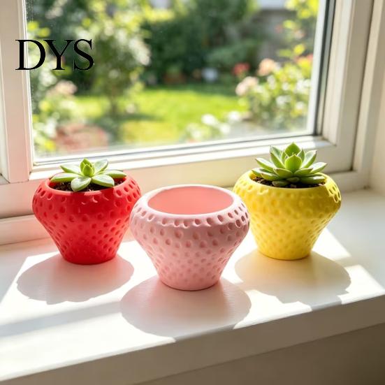 Unique Home Office Decor Strawberry Succulent Planter Pot, 3D Printed Cute Shape Small Plant Mini Ceramic Style Decorative Flower Pot for Cactus Herb,