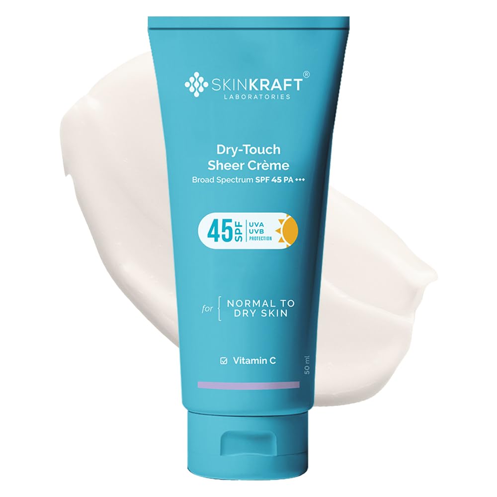 SkinKraft SPF 45 Dry-Touch Sheer Sunscreen for Normal to Dry Skin - Lightweight, Non-Sticky Daily Sunscreen with Vitamin C - Broad-Spectrum UVA/UVB