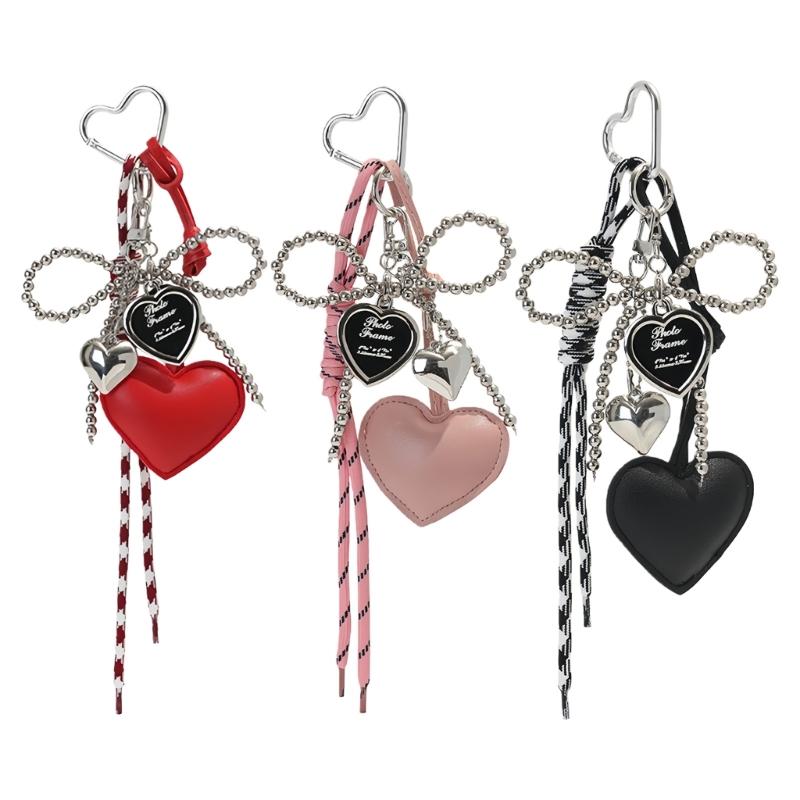 Gothic Silver Bead Bows Charm Heart Shaped Bag Accessory Fashion Bag Pendant Casual Keychain For Dark Style Lover