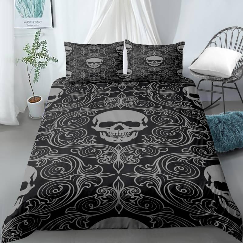 Skull Duvet Cover Set Queen Black Skeleton Paisley Floral Pattern Bedding Set For Teen Adult Polyester Halloween Comforter Cover