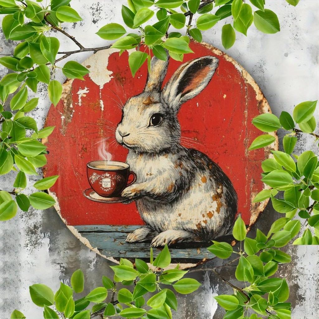 Vintage Hase mit Kaffeetasse Rundes Holzschild, 18cm Retro Wandkunst Dekor für Zuhause