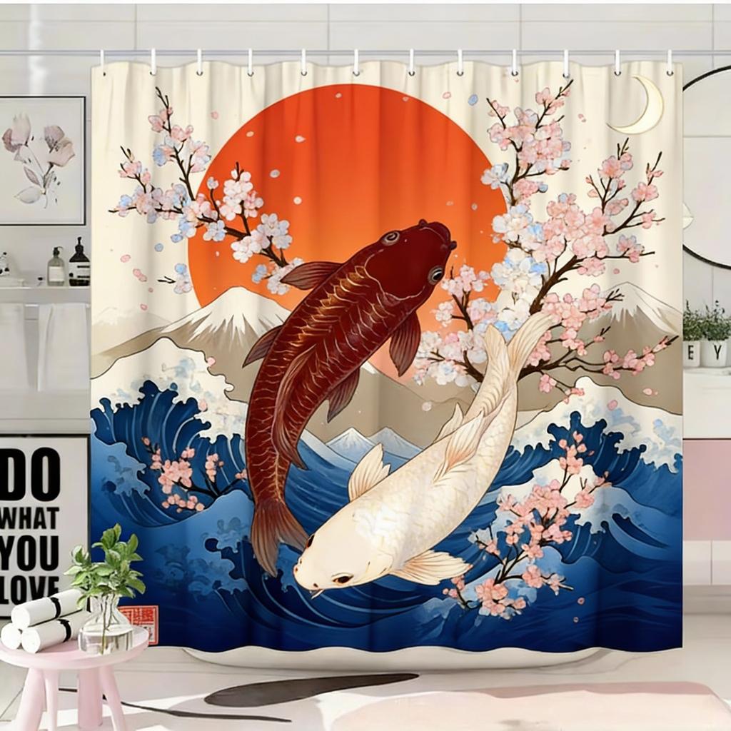1pc Japanese Ukiyoe Koi Shower Curtain, Cherry Blossom, Red Sun, Snow Mountain Pattern, Easy to Hang, Fashionable Bathroom Decor