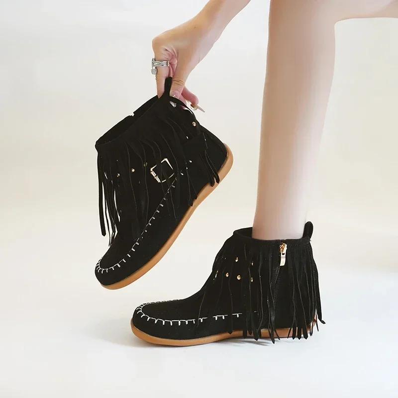 Bohemian Style Women Shoes  Autumn Winter Fashion Women's Tassel Boots Comfortable Flat Sole Ladies Ankle Boot  Mujer