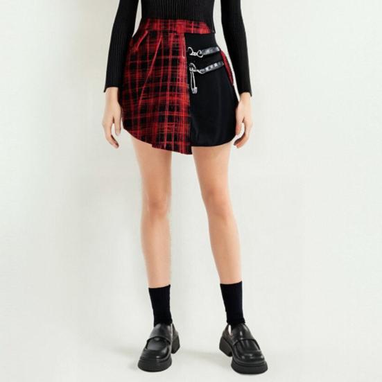 Women Mini Skirt Checkered Print Contrasting Color Pleated Skirt High Waist Metal Chains Belts Decoration Irregular Skirt
