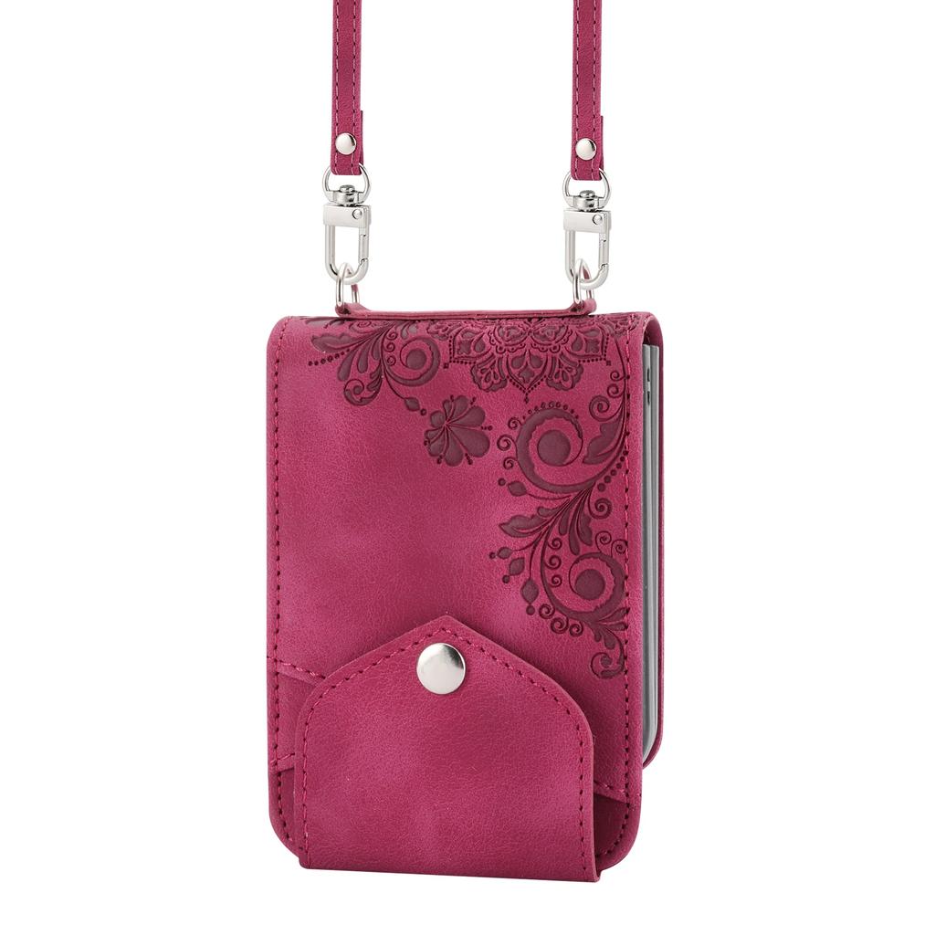 Custodia Borsa a Tracolla con Cordino Portafoglio Slot Carte Fiori Goffrati in Pelle per Samsung Galaxy Z Flip 7 6 5 4 Flip5 Flip4 5G Cover Bag Fundas