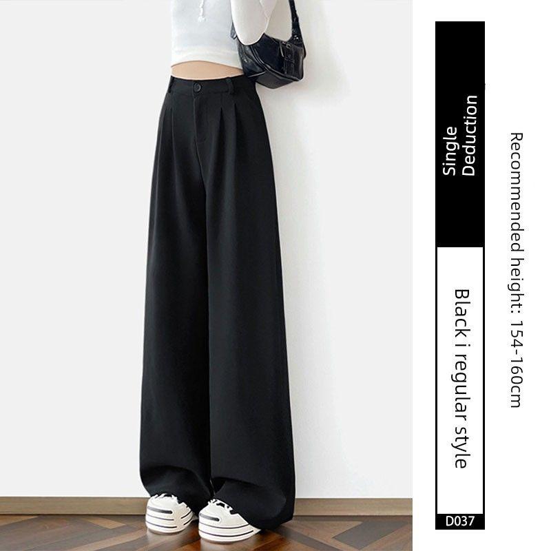 Wide-Leg Casual Suit Pants for Women, Spring and Autumn, Plus Size, Suitable for Pear-Shaped Body, Thick Legs, Wide Hips, Straight Cut, Slimming Pants Single Buckle - Black Standard L