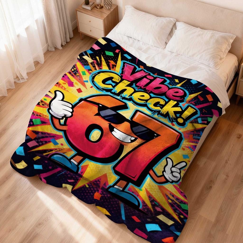 Funny Vibe Check 67 Flannel Blanket Retro Cartoon Number Print Soft Warm Throw Blanket for Sofa Bedroom Home Decor Multiple Size