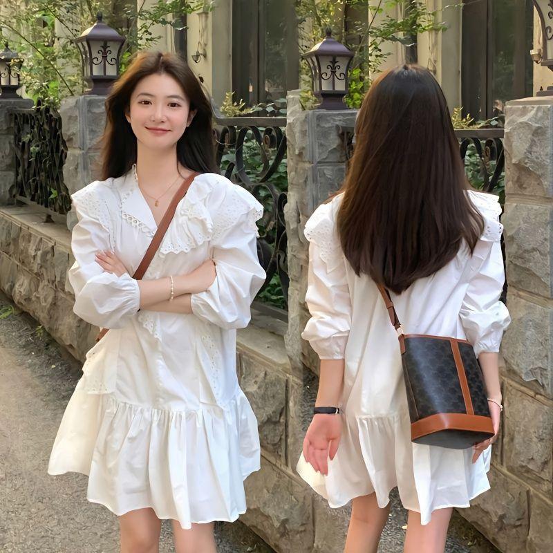 

Autumn new French niche design high sense white gentle wind salt light ripe shirt temperament dress women S белый