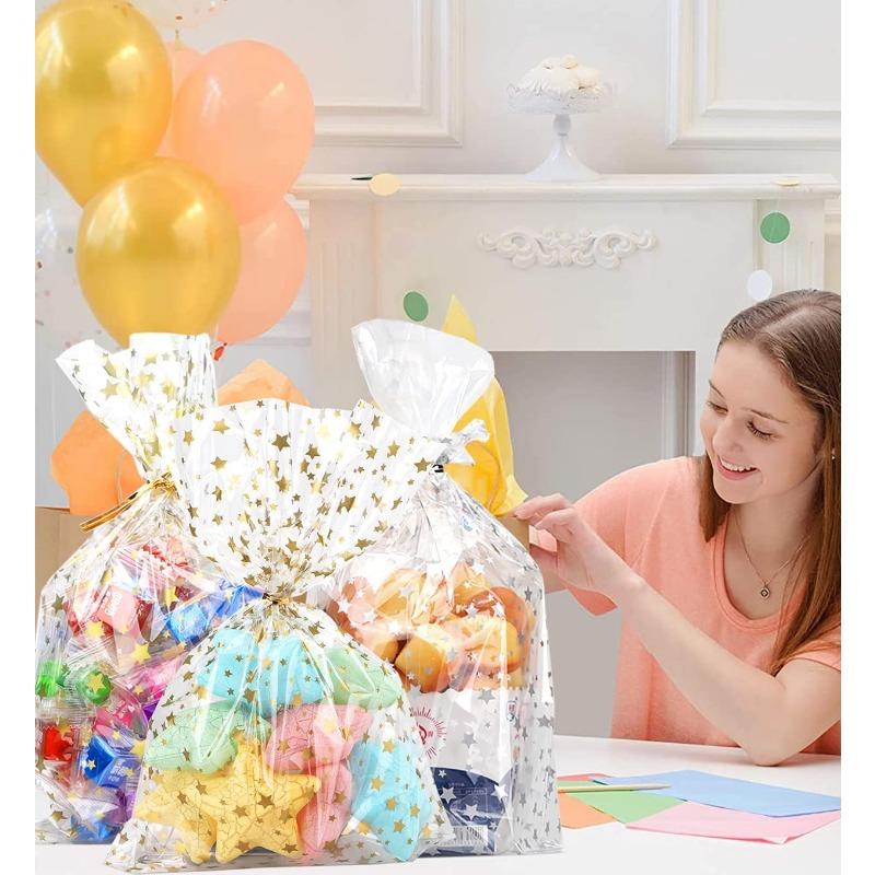 50/100 Pcs Star Printed Gift Wrap Cello Cellophane Treat Bags Party Favor Bags Clear Candy Cookie Bags for Bakery,Birthday, Wedding,Party