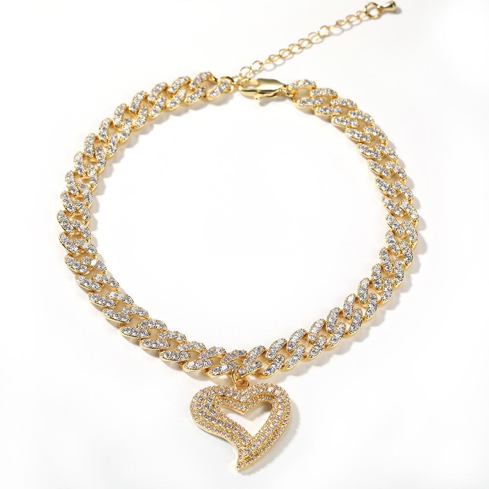 Drop Shipping Full Diamonds Peach Heart Shape Charm Cuban Chain Anklet 8in