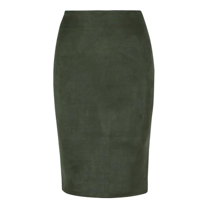 Autumn Winter High Waist Bodycon Vintage Suede Split Thick Stretchy Skirts Women Skirts Suede Solid Color Pencil Skirt