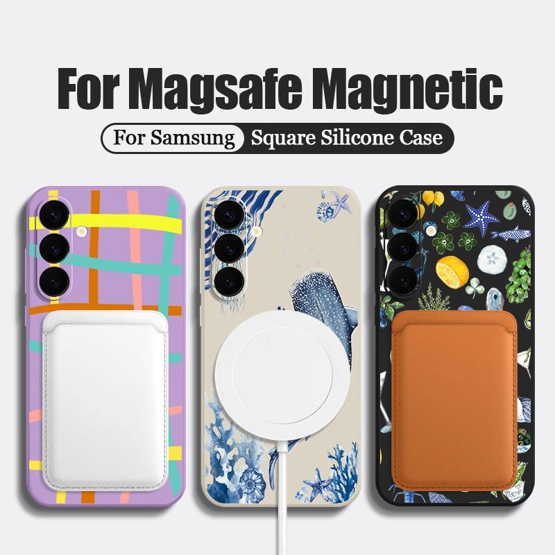 Grid Seaside Whale Print Case For Samsung Galaxy S26 Ultra S25 FE S24 S23 S22 Plus S21 FE Built-in Metal Plate Magnetic Silicone Cover