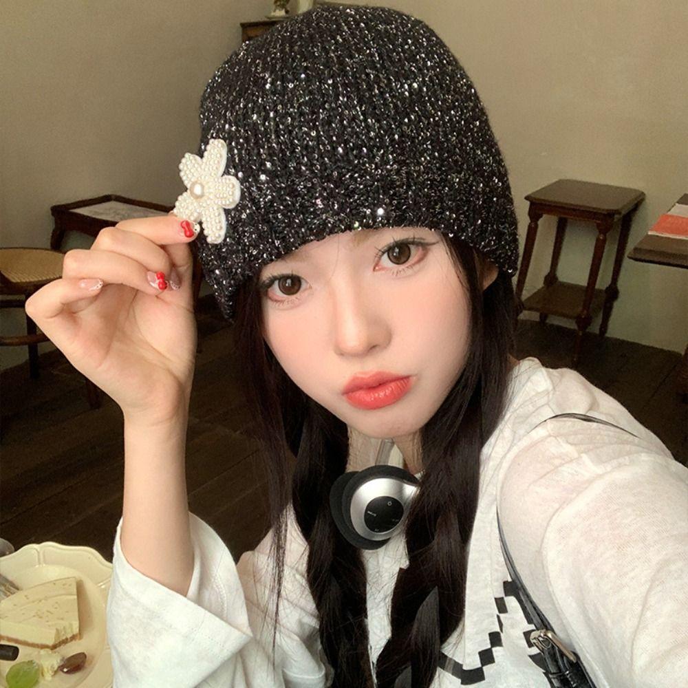 Hollow Sequin Knitted Hat Vintage Woven Cap Retro Beanie Hat  Autumn