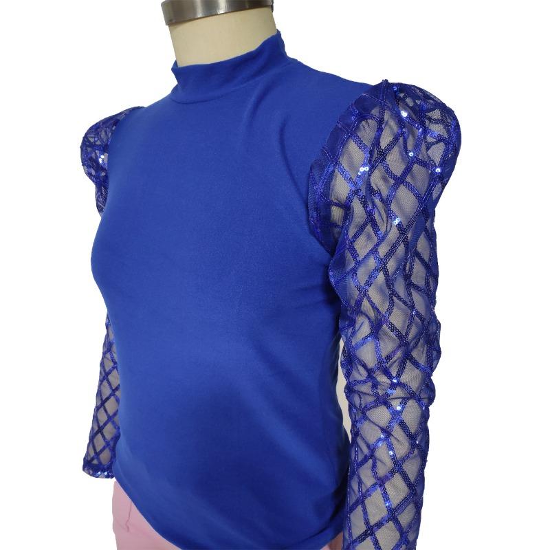 Top de Manga Abullonada Sexy Ajustado Elástico de Moda Nueva para Mujer