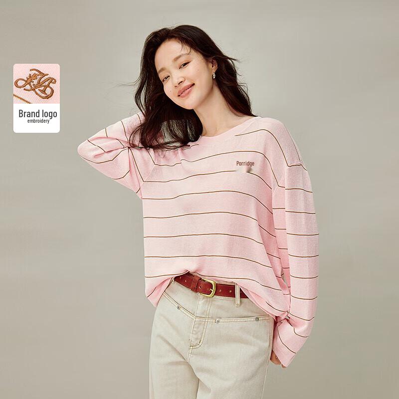 

INMAN Women s Pink Striped Relaxed Long-Sleeve Knit Top S