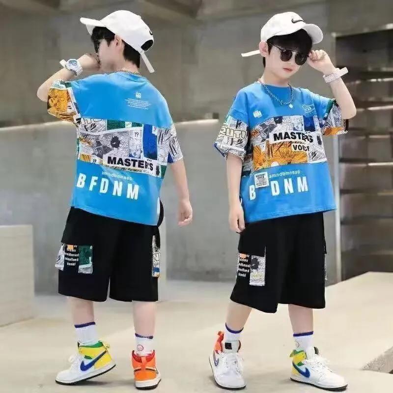Boys Summer Alphabet Picture Printed T-Shirt Tops+Shorts Pant School Kids 2PCS Tracksuit Child Outfits Workout Set