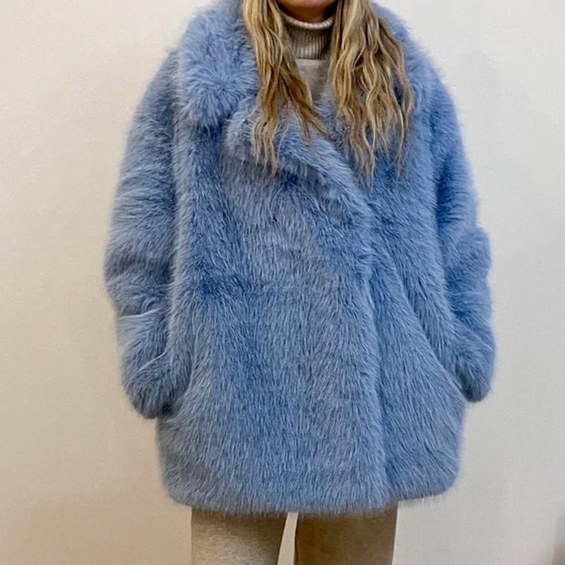 Womens Faux Fur Coat Mid-Length Winter Warm Outerwear Street Style Jacket In Beige Yellow Coffee Khaki