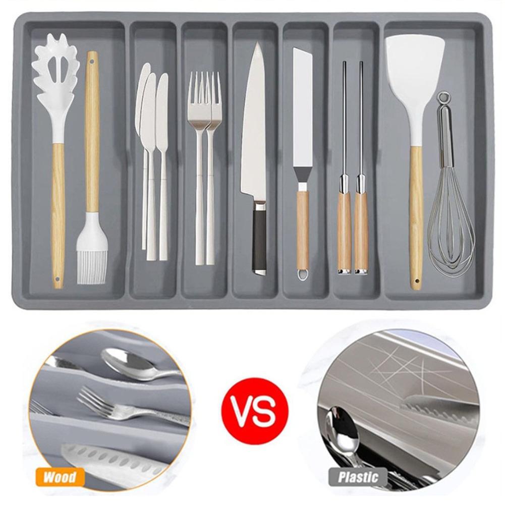 Flexible Silicone Cutlery Tray with Seven Compartments Non Slip Silverware Drawer Organizer Kitchen Utensil Holder