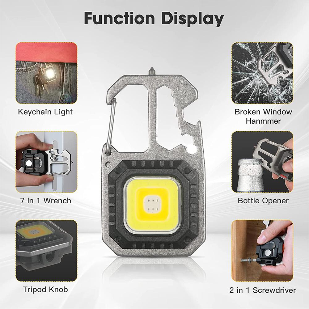 COB Rechargeable Mini LED Flashlight Keychain with Bottle Opener and Screwdriver