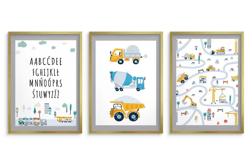 Zestaw Plakatów dla dziecka Alfabet Auta Dziecięce Obrazy dla Chłopca 30x40