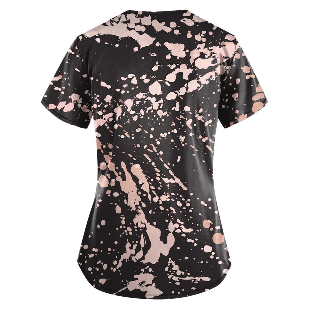 Women Fashion Spring And Summer Oil Painting Print V-neck Short Sleeve Workwear With Pockets Tops