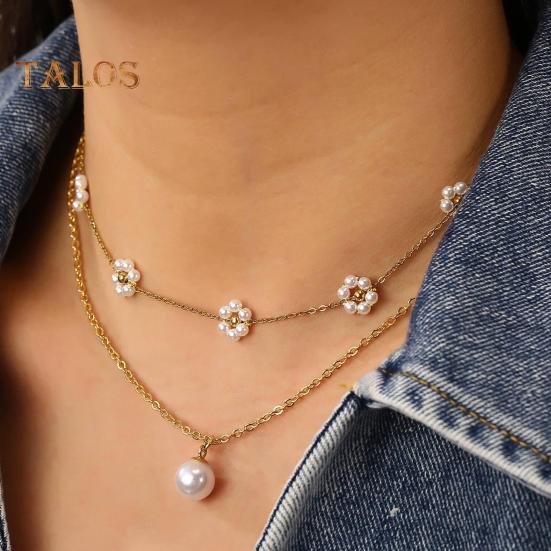 Collier de perles d'imitation dorées Collier multicouche plaqué or Design de fleur Choker de perles d'imitation Bijoux Cadeaux pour mariages fêtes