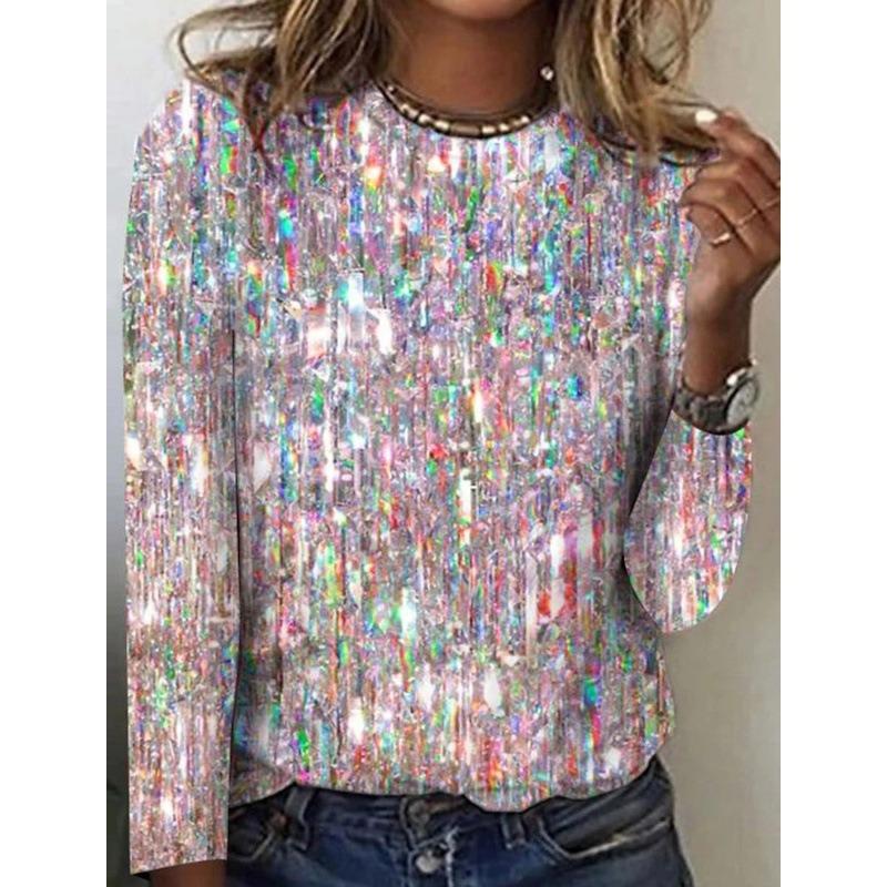 QICED Women's Fashion Casual Long Sleeve O-Neck Blouses & Shirts