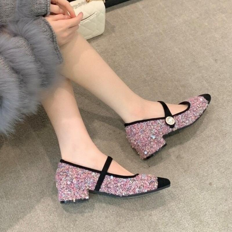 

Fashion Elegant Fashion Sequin Mary Jane Shoes for Women 2025 Spring Flat Ankle Strap Single Shoes Woman Comfort Low Heels Single Shoes 40 розовый