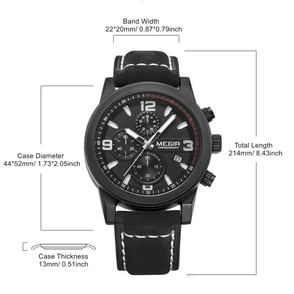 Megir Chronogragph Luksusmerke Kvarts Herreklokker Mote Skinn Sportsklokke Herre Luminous Army Militære armbåndsur