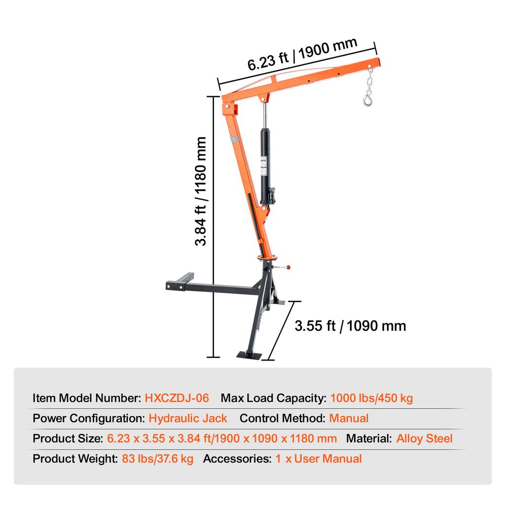 SucceBuy 1000lbs Hydraulic Pickup Truck Crane 360° Swivel Hitch Mounted Crane Hoist with Three Boom for Lifting Goods in Factory