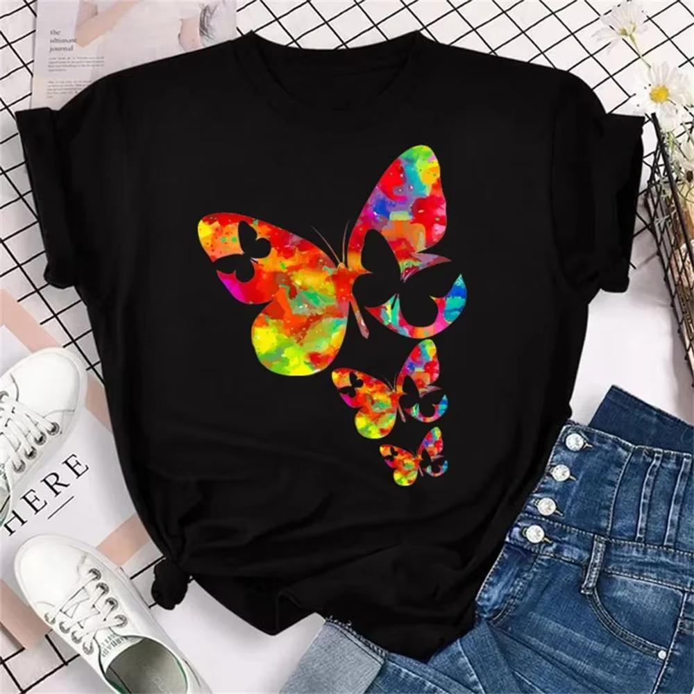 1pcs Colorful Butterfly Petal Print Short Sleeve Cute Graphic Tee Shirts FeUnisex Tops Clothing Fashion Women Tshirt Daily Wear