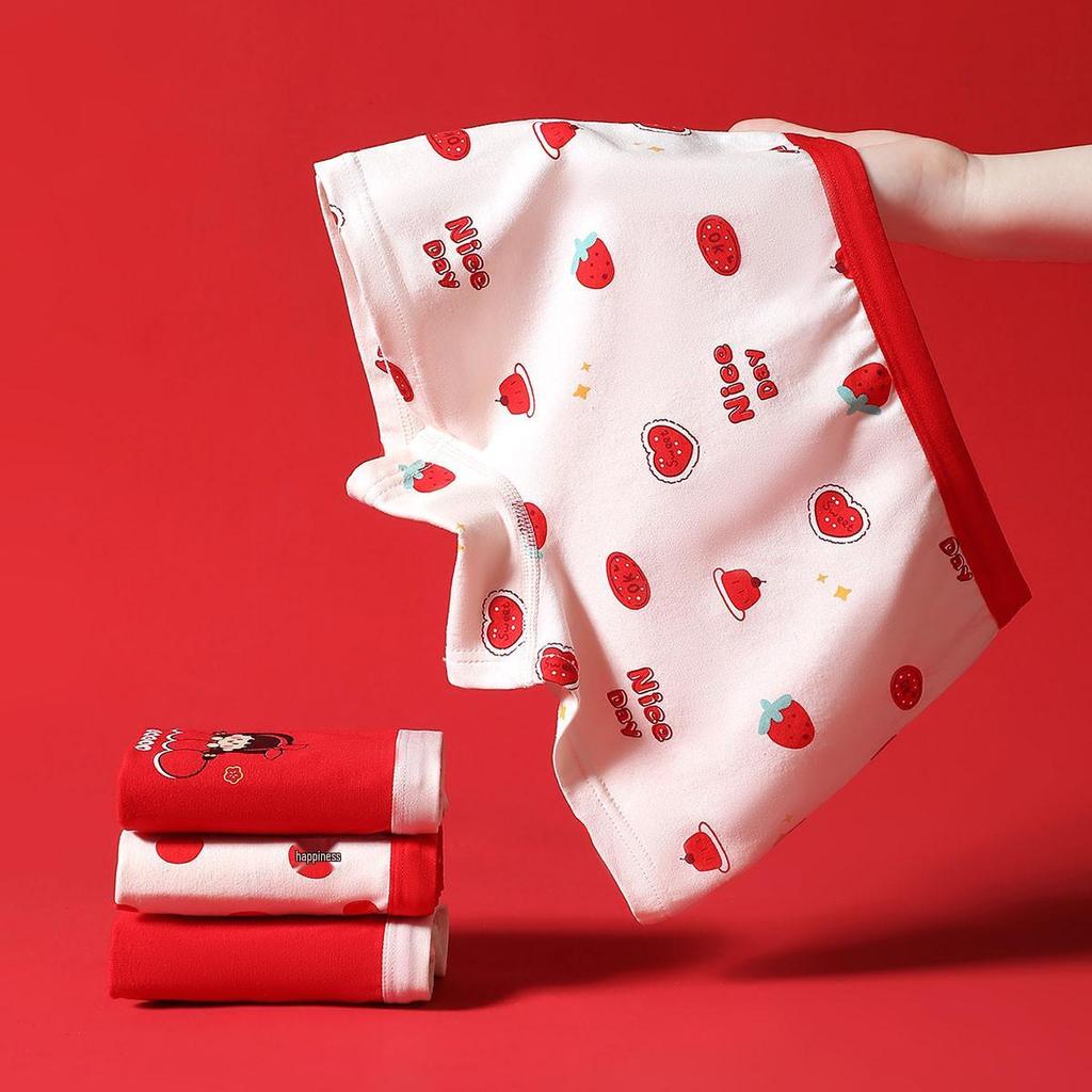 Festive Red Girls' Boxer Briefs: Antibacterial Pure Cotton, Colorfast, Full Cotton Crotch, Chinese New Year Theme