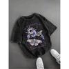 Vintage Gothic Rabe Print T-Shirt Unisex Gewaschenes Schwarz Rundhalsausschnitt Oversized Tee Y2K Streetwear Kurzarm