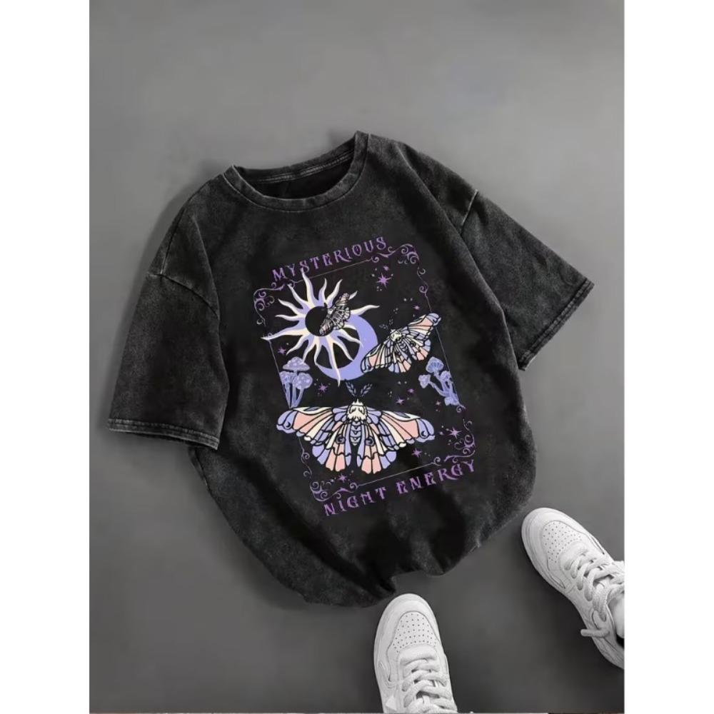 Vintage Gothic Rabe Print T-Shirt Unisex Gewaschenes Schwarz Rundhalsausschnitt Oversized Tee Y2K Streetwear Kurzarm