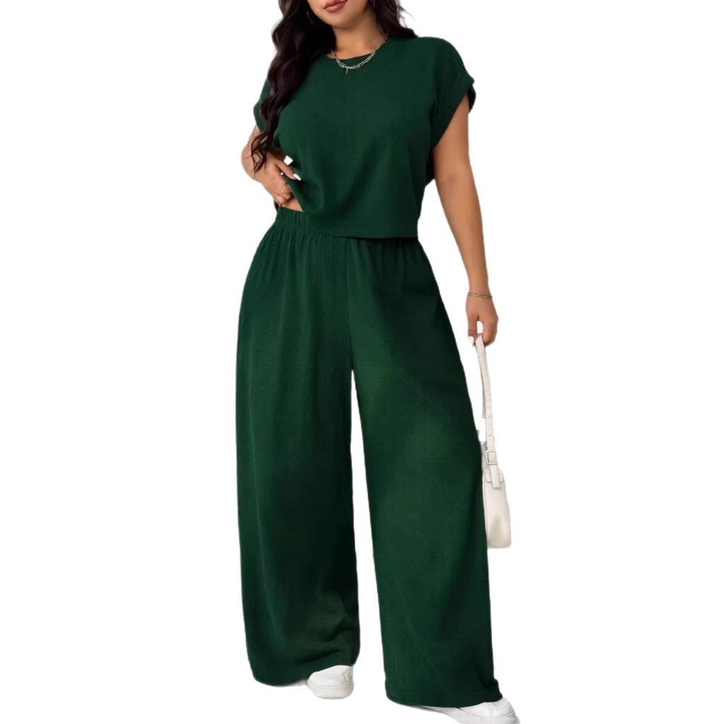 Europe and America Cross-border 2026 Summer New Plus Size Women's Fashion Casual Set Short-Sleeve Top Wide-Leg Pants Two-Piece Set
