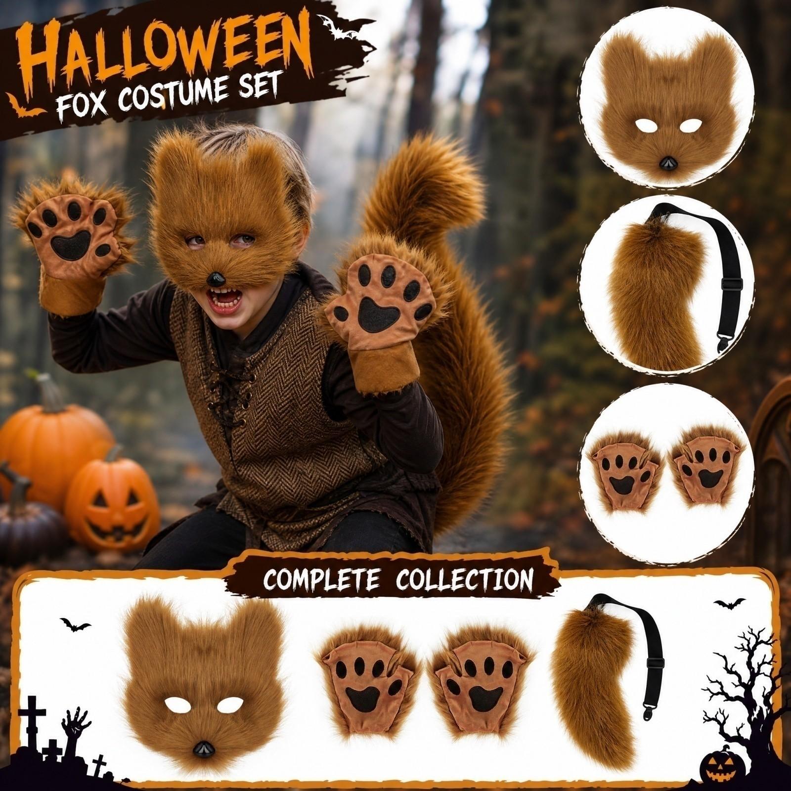 Halloween Costume Set with Plush Tail Animal and Gloves for Role Playing One Size коричневый