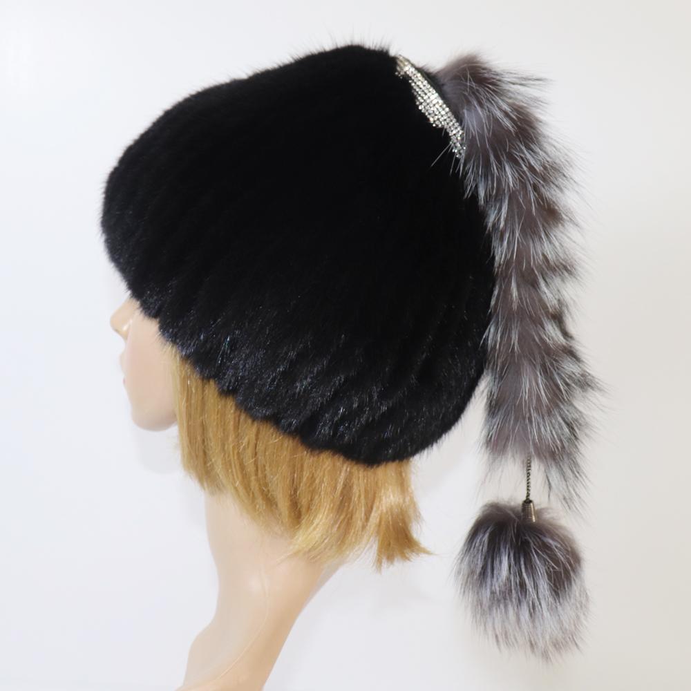 New Women Knitted Real Mink Fur Hat With Fox Tail Luxury Quality Real Mink Fur Cap Lady Winter Warm 100% Real Mink Fur Hats