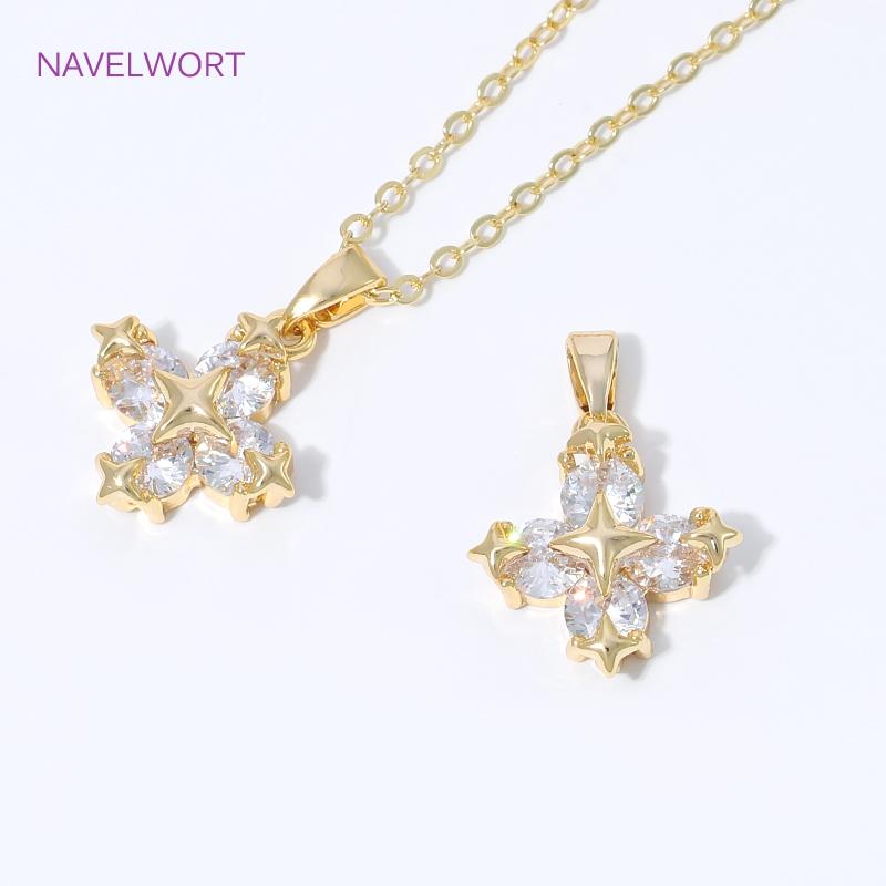 18K Gold Plated Brass Star Cross Charms Pendants For Necklace Making,Inlaid Zircon Decorative Pendants,DIY Jewelry Accessories
