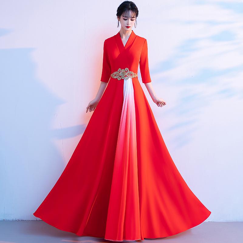 Women's Long Red Choir Performance Dress for Stage, Hosting, and Poetry Recitation Competitions - New Style Atmospheric Costume