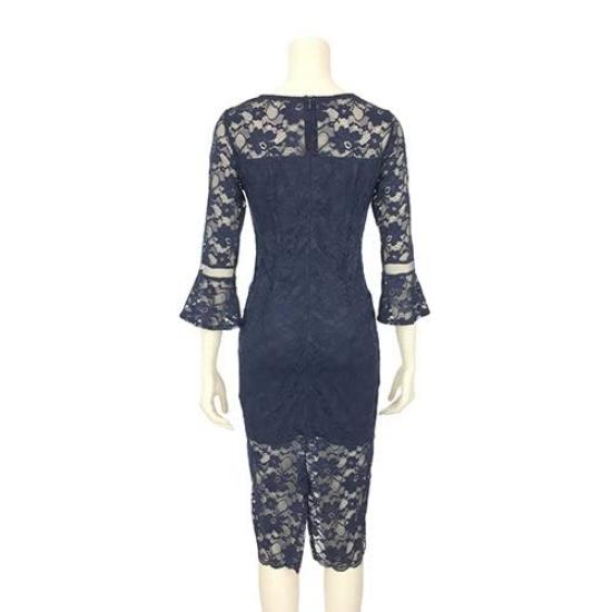 GRAXIA Midi Tight Bell Full Lace Floral Perfect for Hostess or Lounge Navy with Floral Size XL Women's Dress, Fit, Sleeves, Knee-Length, Print,